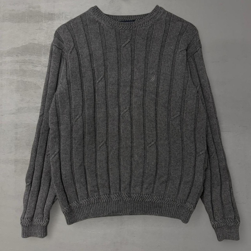 Nautica Sweater Gray Cable Knit Ribbed Cotton Crewneck Pullover Mens Medium